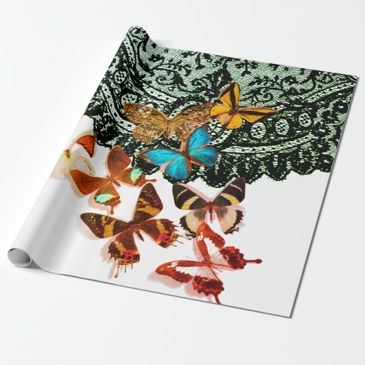 Papier Cadeau MOTIF EN LACE NOIRE AVEC BOUTTERFLIES BLANC Papier (Déroulé)