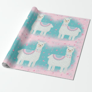 Papier Cadeau Motif en lama rose et menthe