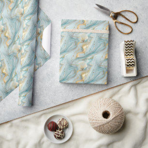 Papier Cadeau Motif en marbre or liquide sur blanc et bleu pâle