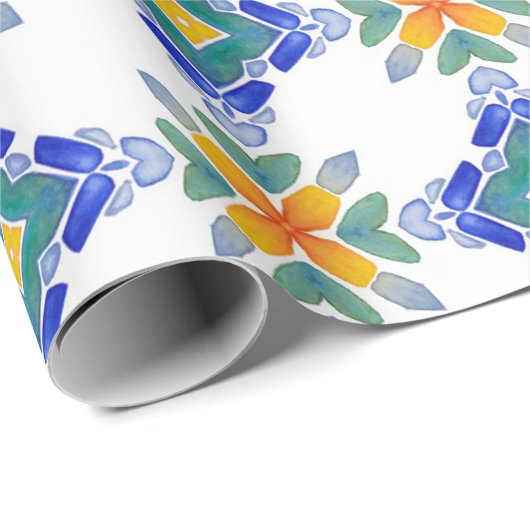 Papier Cadeau Motif en mosaïque blanche orange bleu vert (Coin rond)