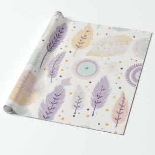 Papier Cadeau Motif en plumes Pastel Boho avec accents géométriq