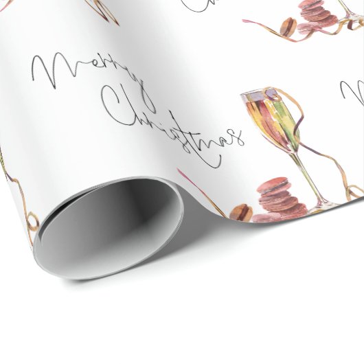Papier Cadeau Motif en verre de champagne Script Joyeux Noël (Coin rond)