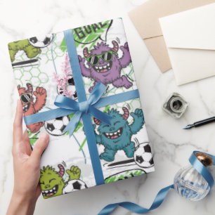Papier Cadeau Motif Enfants de Football de Monstre Drôle