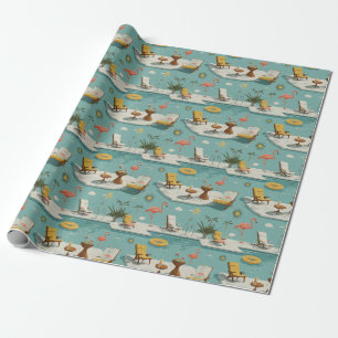 Papier Cadeau Motif Été Bord de Piscine Flamant Rose Rétro (9)