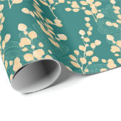 Papier Cadeau Motif Eucalyptus turquoise et or (Coin rond)