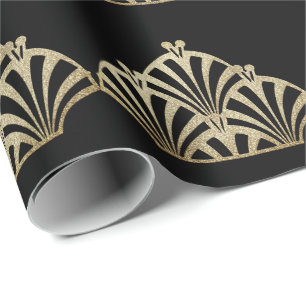 Papier Cadeau Motif éventail Art déco noir bronze élégant vintag