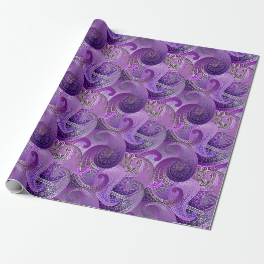 Papier Cadeau Motif Exotique Violet Paisley Boho Damask (Déroulé)