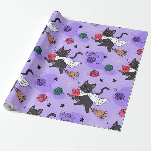 Papier Cadeau Motif fantôme de chat noir - Chats mignons en cost (Déroulé)