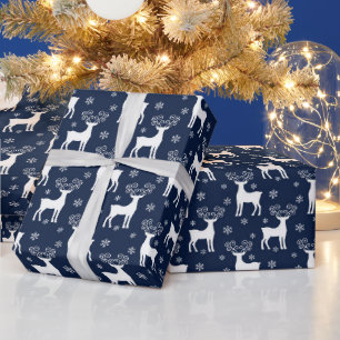 Papier Cadeau Motif festif de Noël Cerf Navy & Blanc
