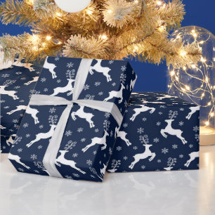 Papier Cadeau Motif festif de Noël Navy & White Renne
