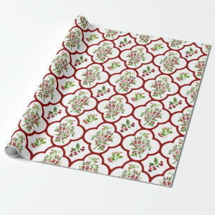 Papier Cadeau Motif Festive Holly et Red Quatrefoil