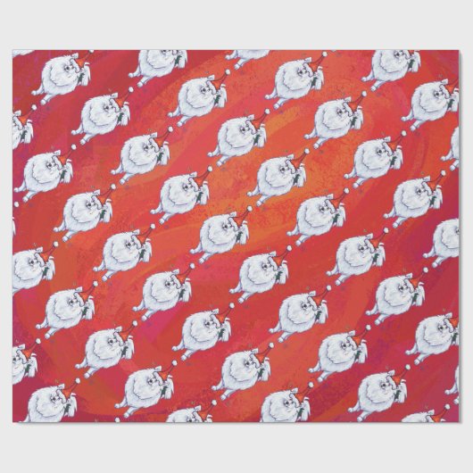 Papier Cadeau Motif Festive White PomPom Chien sur Red (Plat)