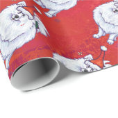 Papier Cadeau Motif Festive White PomPom Chien sur Red (Coin rond)