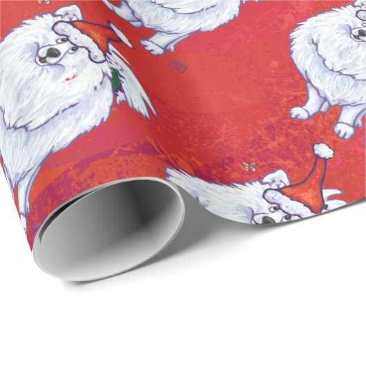 Papier Cadeau Motif Festive White PomPom Chien sur Red (Coin rond)