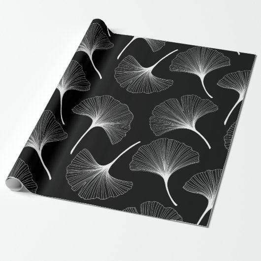 Papier Cadeau Motif feuille abstrait blanc et noir (Déroulé)