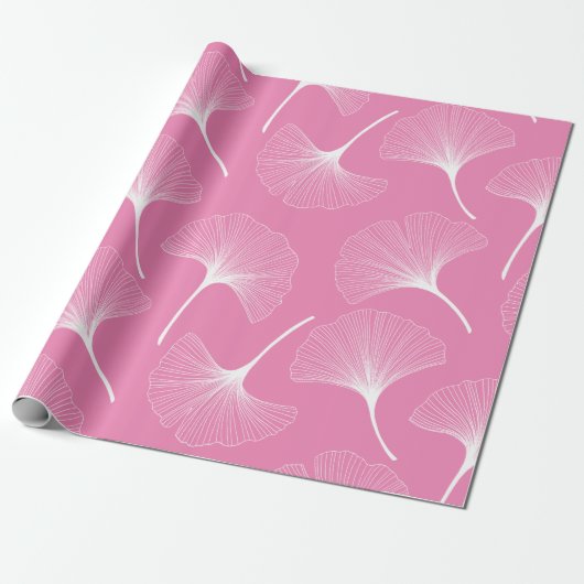 Papier Cadeau Motif feuille abstrait blanc et rose (Déroulé)