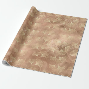 Papier Cadeau Motif Feuille d'Or Botanique Rose Douce Ginkgo