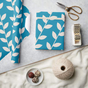 Papier Cadeau Motif Feuille rétro les années 70 bleu personnalis