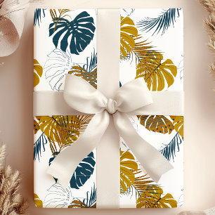 Papier Cadeau Motif Feuille Tropical Gold et Navy Blue Palm