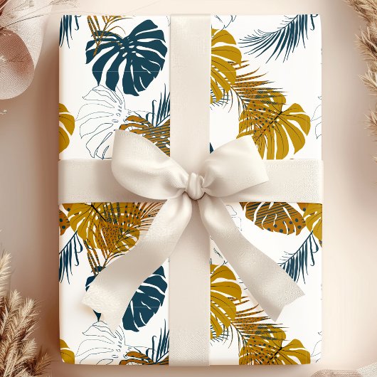 Papier Cadeau Motif Feuille Tropical Gold et Navy Blue Palm