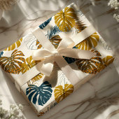 Papier Cadeau Motif Feuille Tropical Gold et Navy Blue Palm
