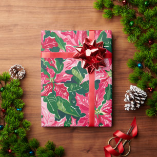 Papier Cadeau Motif Feuilles N d'Euphorbe Rose Ruby de Noël