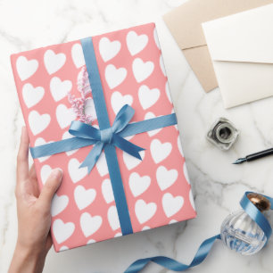 Papier Cadeau Motif Fillette Simple Cœur Rose Blanc