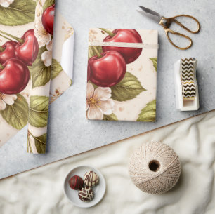 Papier Cadeau Motif Fleur de Cerisier Vintage Cerises Rouges