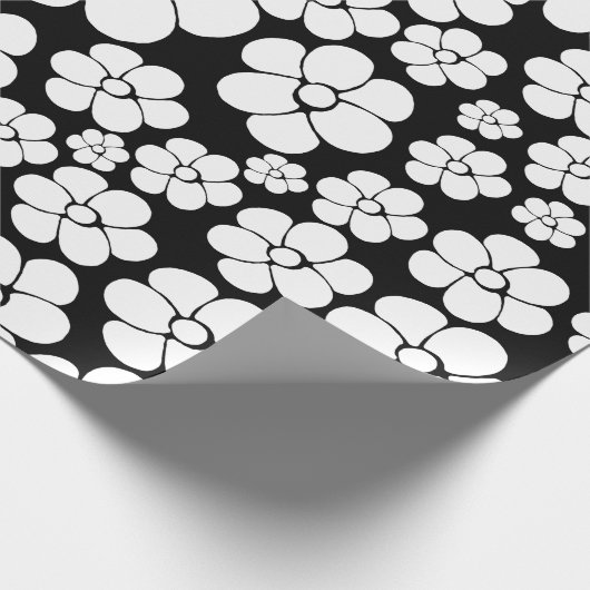 Papier Cadeau Motif Fleur rétro en blanc sur noir (Coin)