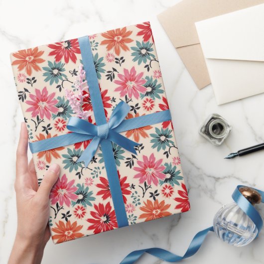Papier Cadeau Motif Fleur Rétro Rouge Orange Bleu (Cadeaux)