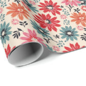 Papier Cadeau Motif Fleur Rétro Rouge Orange Bleu (Coin rond)