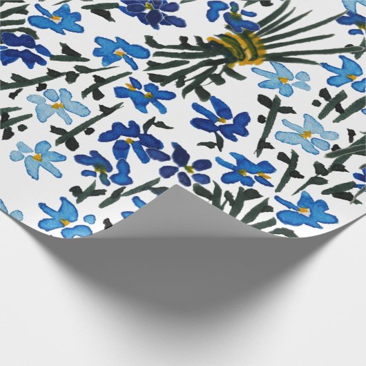 Papier Cadeau Motif Fleur sauvage bleu aquarelle sur blanc (Coin)