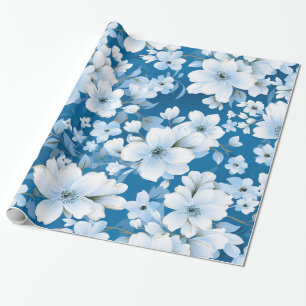Papier Cadeau motif, fleurs blanches, arrière - plan bleu,