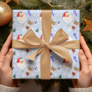 Papier Cadeau Motif flocon de neige avec Père Noël et rennes vin