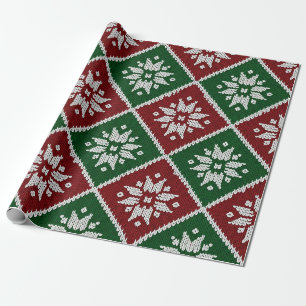 Papier Cadeau Motif Flocon de Neige de Noël Nordique Vert Rouge