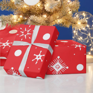 Papier Cadeau Motif Flocons de Neige Rouges Blancs