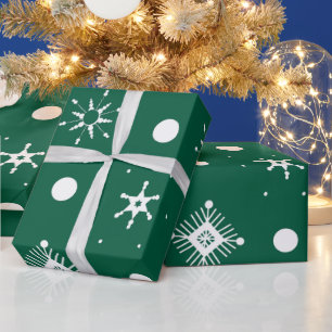 Papier Cadeau Motif Flocons de Neige Vert Blanc