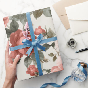Papier Cadeau Motif floral à la crème de rose rose classique