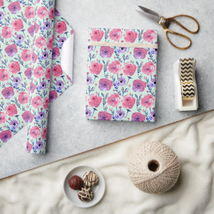 Papier Cadeau Motif floral à l'aquarelle rose pâle et violet