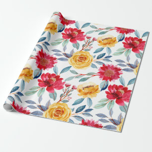 Papier Cadeau Motif floral aquarelle ensoleillé en rose jaune