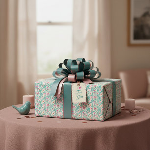 Papier Cadeau Motif floral aquarelle rose et bleu