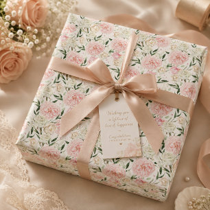 Papier Cadeau Motif floral aquarelle rose tendre et pivoine