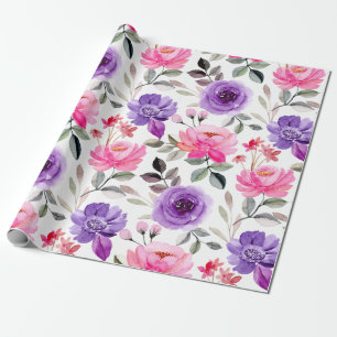 Papier Cadeau Motif floral aquarelle vibrant en rose et violet