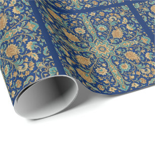 Papier Cadeau Motif floral arabesque persan bleu royal
