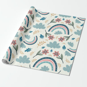 Papier Cadeau Motif floral avec formes d'arc-en-ciel et de nuage