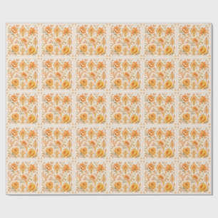 Papier Cadeau Motif Floral Baroque Vintage – Orange Chaud / Or