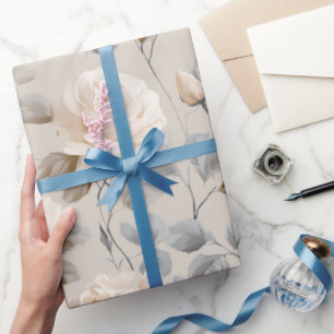 Papier Cadeau Motif floral beige rose blanche douce