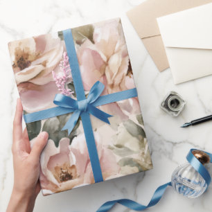 Papier Cadeau Motif floral beige rose rose tendre aquarelle