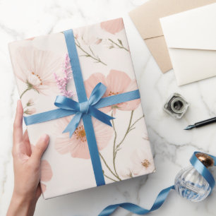 Papier Cadeau Motif floral blanc à fleurs roses pâles minimal