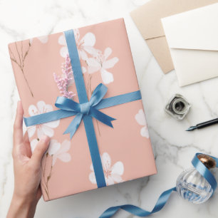 Papier Cadeau Motif floral blanc à fleurs roses pâles minimal